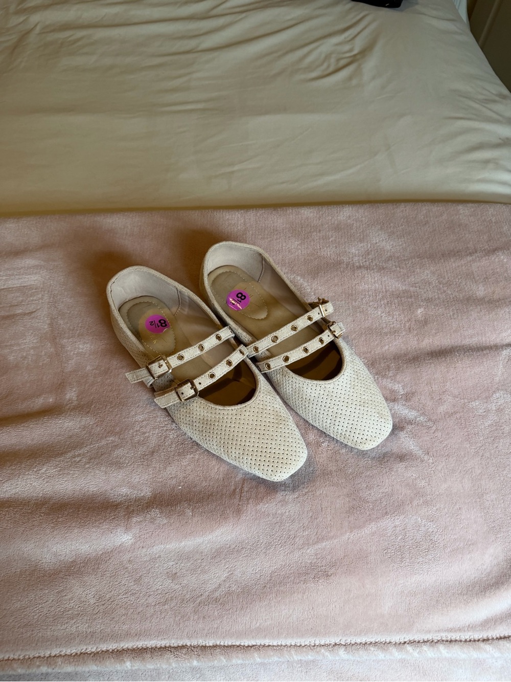 Women’s Perforated Cream Mary Jane Flats with Double Straps